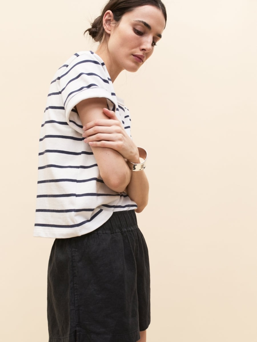 AYR The Practice Tee Dime Knit Tee Shirt - Expat White / Navy Blue - Large - Picture 8 of 11